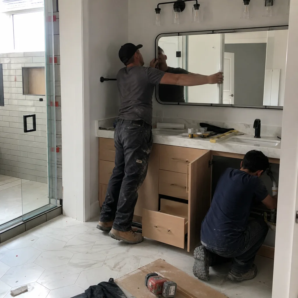 Contractors performing professional bathroom remodeling and vanity mirror installation