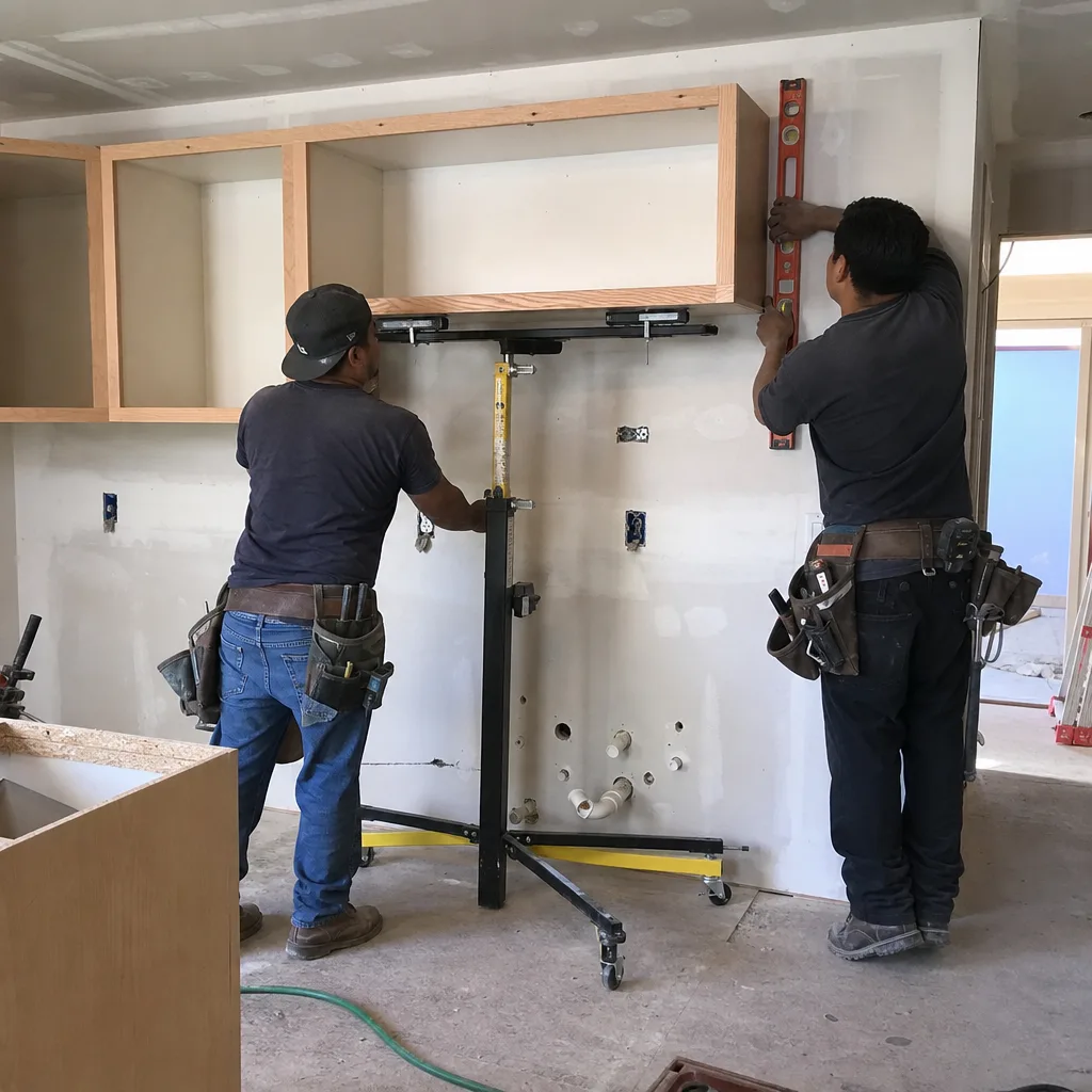 Two contractors installing wooden upper kitchen cabinets with a cabinet jack
