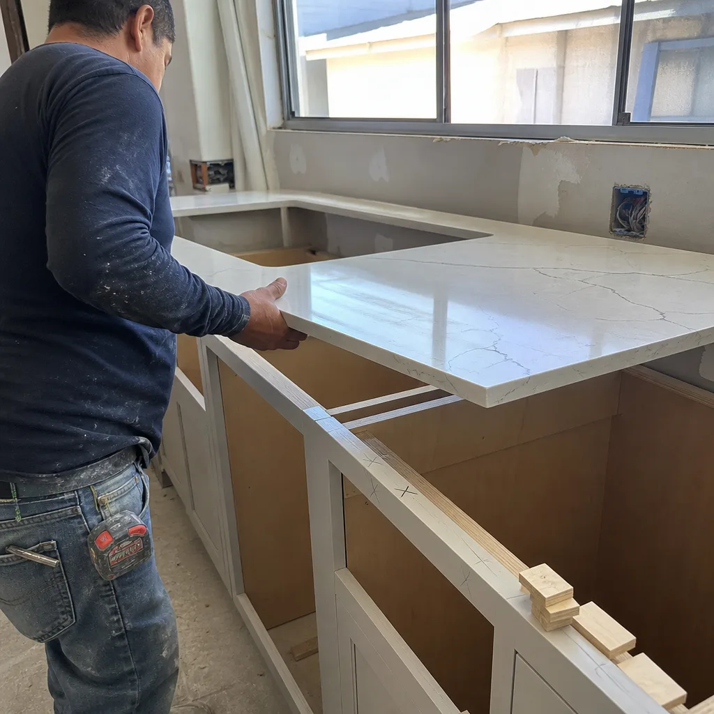 Professional contractor installing custom quartz kitchen countertop during home remodeling project