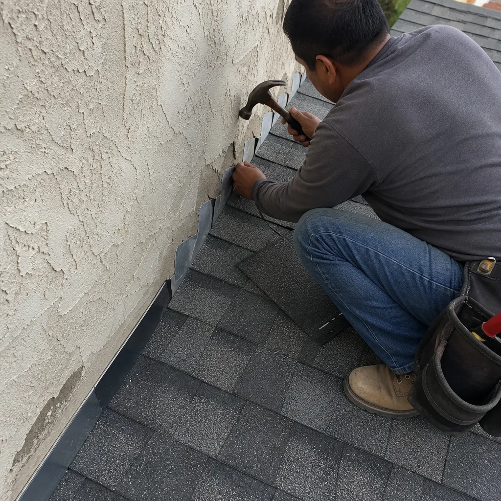 Professional roofer installing metal step flashing along a residential roof line