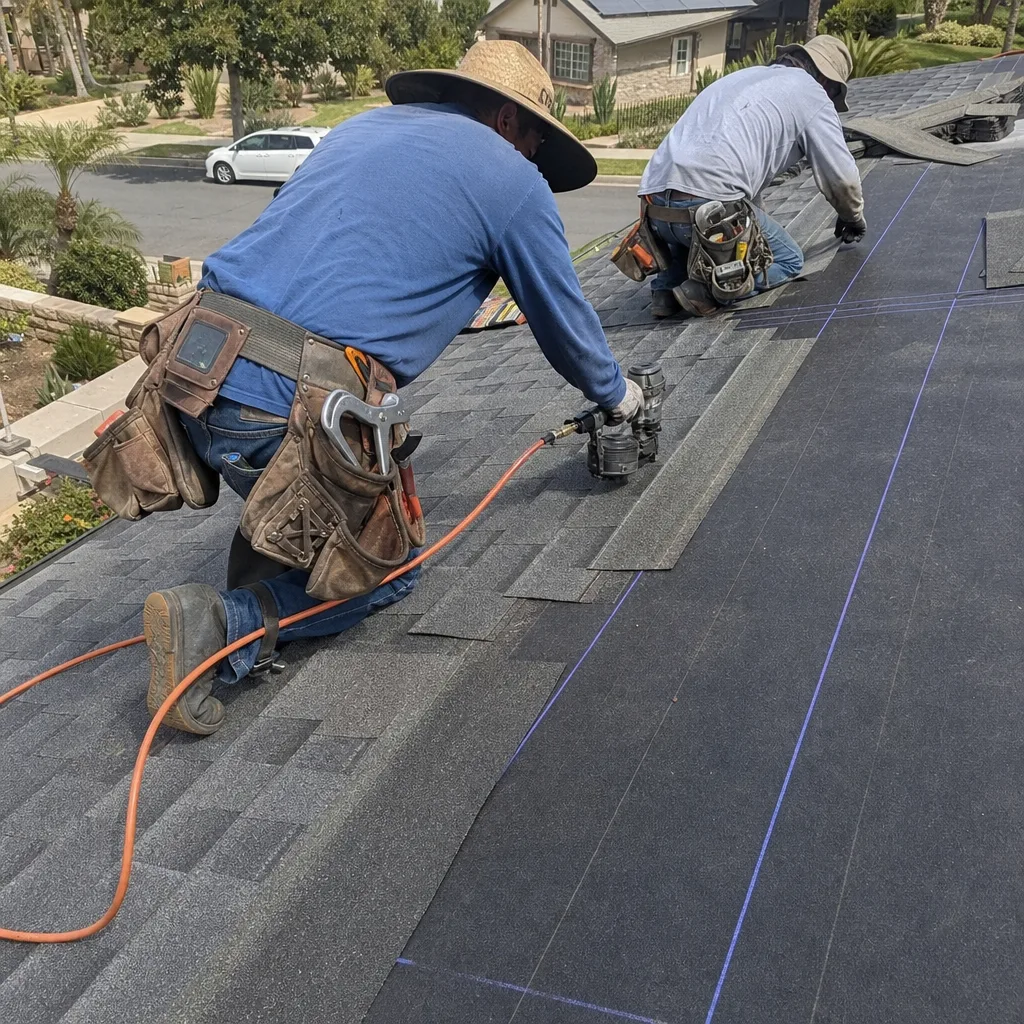 Two professional roofers installing asphalt shingles on a residential roof