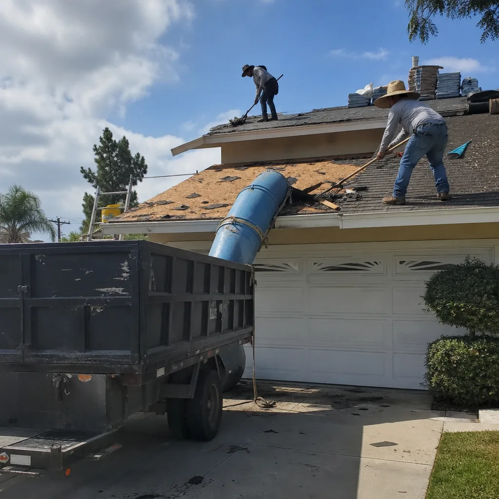 Roofers stripping shingles from a house into a dumpster trailer.