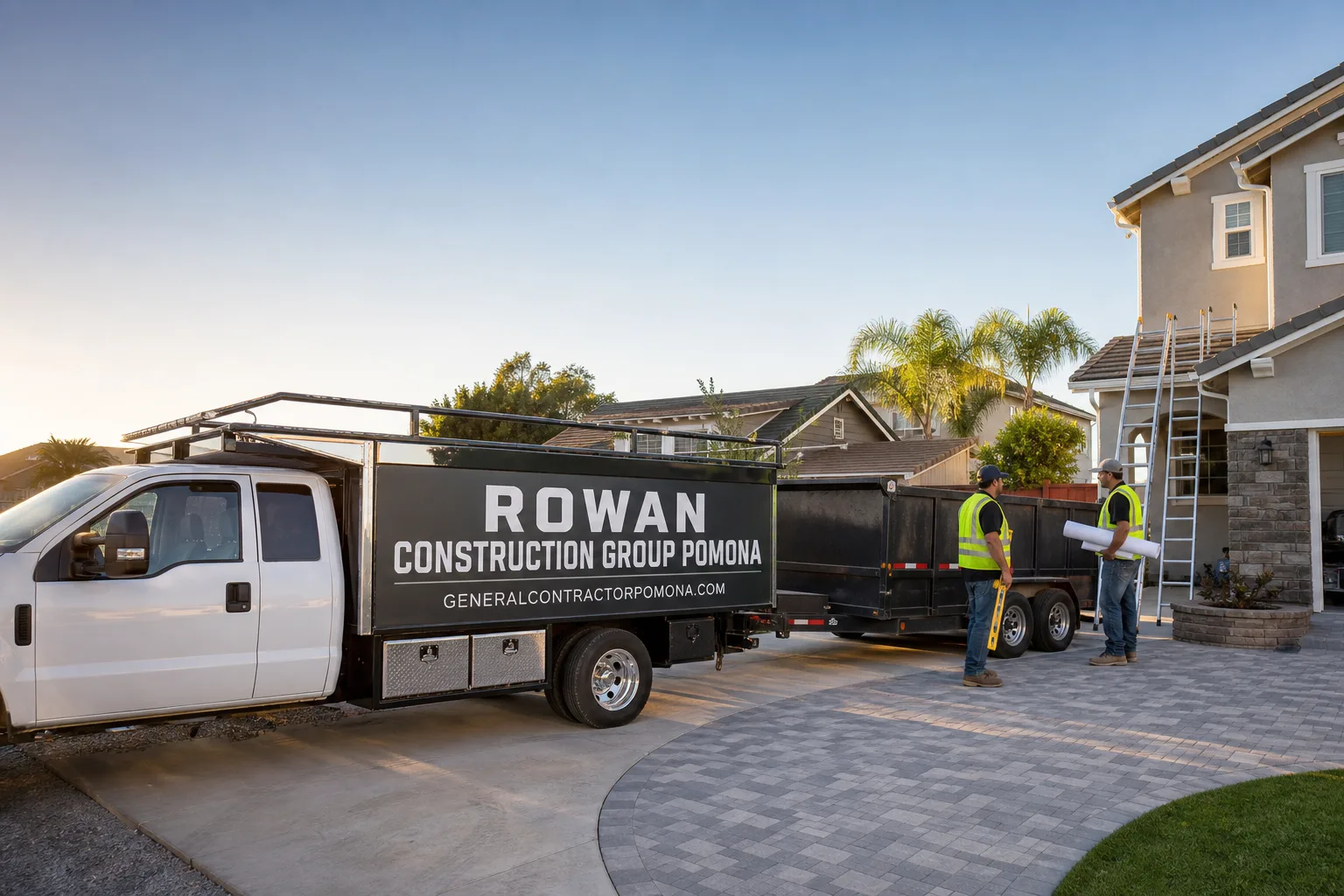 Rowan Construction Group Pomona construction service vehicle and crew in Pomona, CA